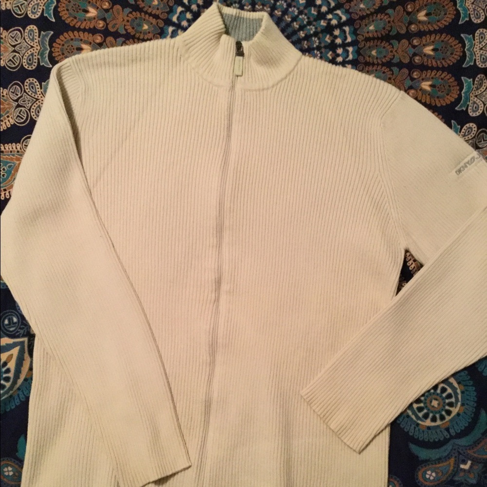 DKNY Ribbed Cardigan w/Arm Logo XL Cream Like New